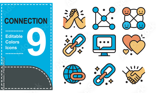 Connection icons for friendship, internet communications, collaborative networking in modern designs. Ideal for web design, presentations, social media content.