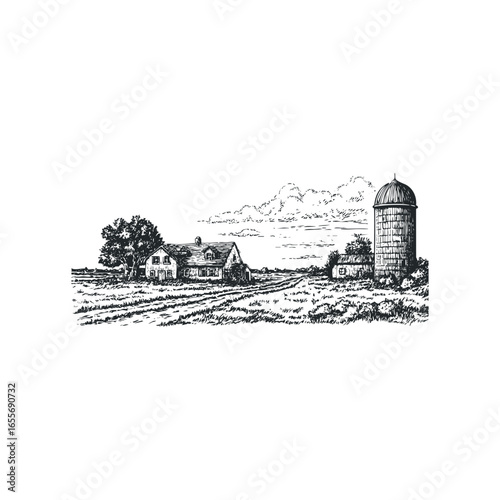 Rural homestead with farmhouse, silo, and fields sketched in monochrome