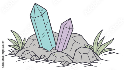 Beautiful crystal gemstones illustration blue and purple minerals on rocks and grass art design