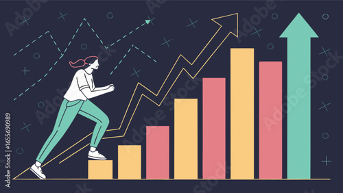 Business growth strategy and career development illustration with woman climbing chart bar