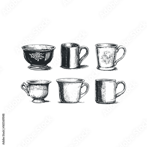 Collection of vintage etched ceramic mugs and bowls on a white background
