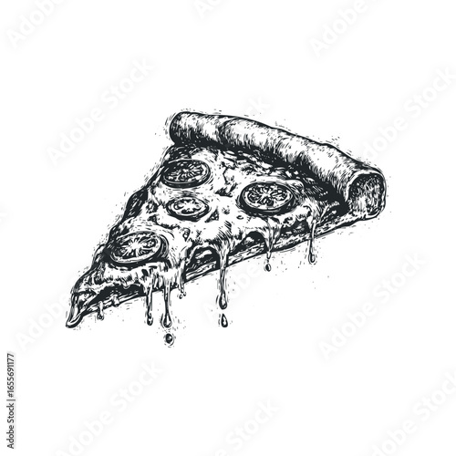 Ink sketch of a dripping slice of tomato pizza with a thick crust
