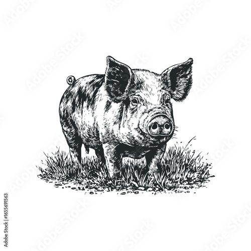 Detailed sketch of a young pig standing in grass