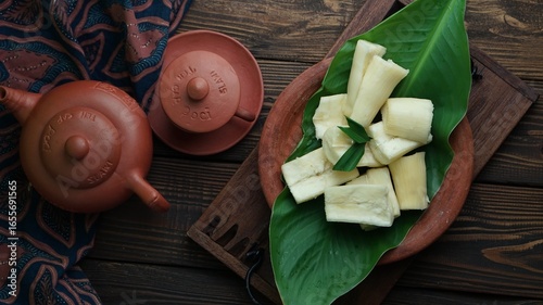 top view of boiled casava or singkong rebus, traditional setting