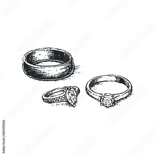 Three detailed hand-drawn engagement and wedding rings with gemstones