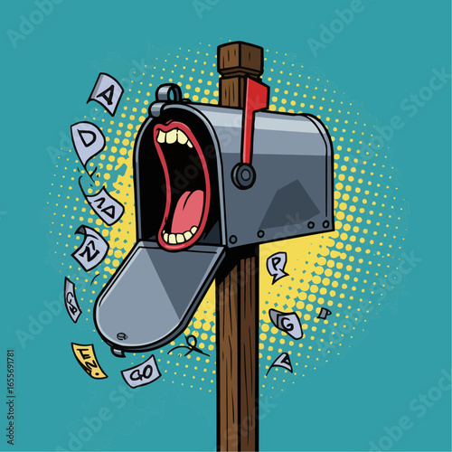An open mailbox with a screaming mouth inside, surrounded by flying letters, in a pop art style.