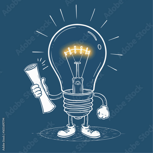 A lightbulb character graduates, holding a diploma, symbolizing bright ideas and achievement.