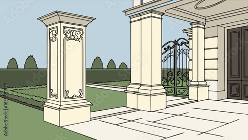 Elegant architecture design with classical columns and gate for home exterior landscape design