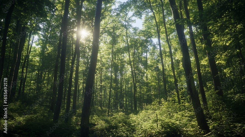 Obraz premium Sunlight Through the Forest Canopy: A Lush and Serene Woodland Scene