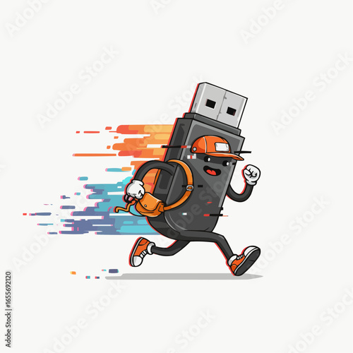 A cartoon USB flash drive character is running with a backpack, conveying a sense of speed and digital data transfer.