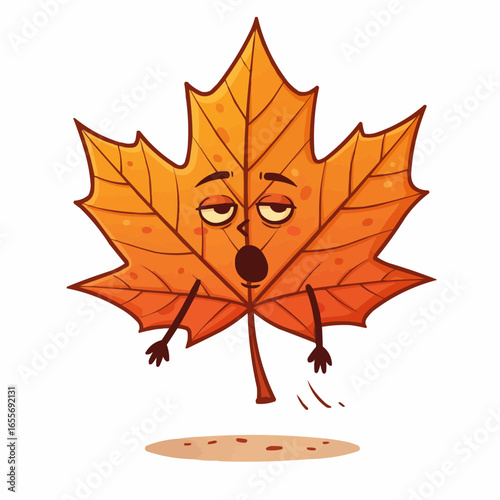 A tired, anthropomorphic maple leaf falls to the ground, yawning and showing signs of autumnal decay.