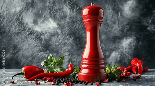 Vibrant red pepper grinder with chili peppers and herbs on a textured background