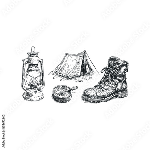 Vintage camping gear collection including tent, lantern, compass, and hiking boot