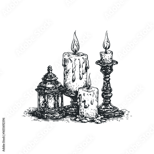 Ornate candelabra and lantern with melting candles in a sketch style