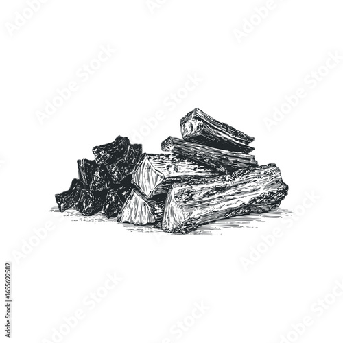 Pile of rough cut logs and firewood displayed with etched linework