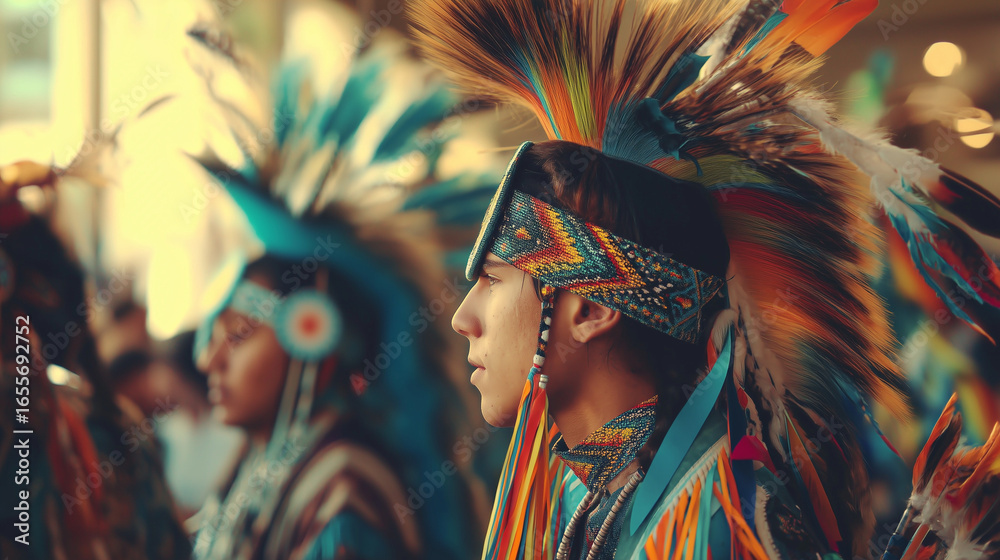 Fototapeta premium Colorful Native American Powwow Dance Ceremony with Traditional Feather Headdresses, Tribal Regalia, and Indigenous Culture Celebration at Cultural Festival Event