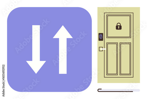 Smart door with biometric lock and lock indicator, showing accessibility with cane and arrows for direction. Ideal for security, smart homes, innovation, accessibility, technology, mobility, simple