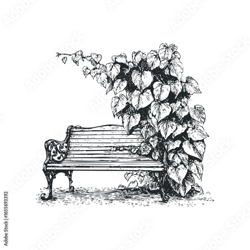 Vintage park bench overtaken by lush climbing plant foliage