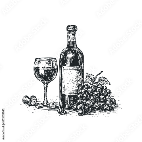 Still life wine bottle and glass with grapes and corks sketched