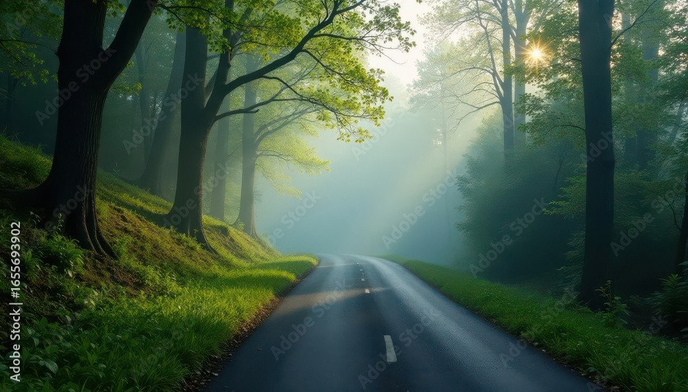 Fototapeta premium Misty spring morning, winding country road cuts through dense fog-laden forest , nature, morning