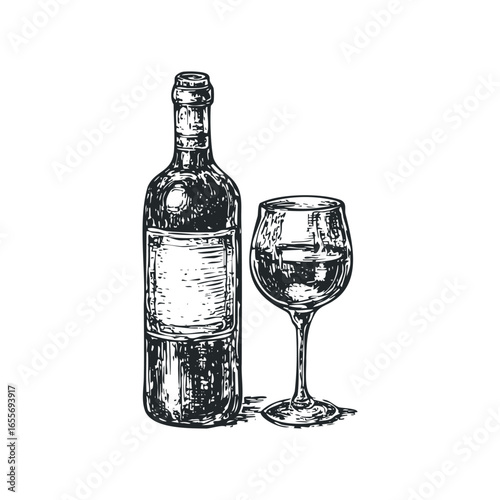 Line Art of Wine Bottle and Glass With Blank Label
