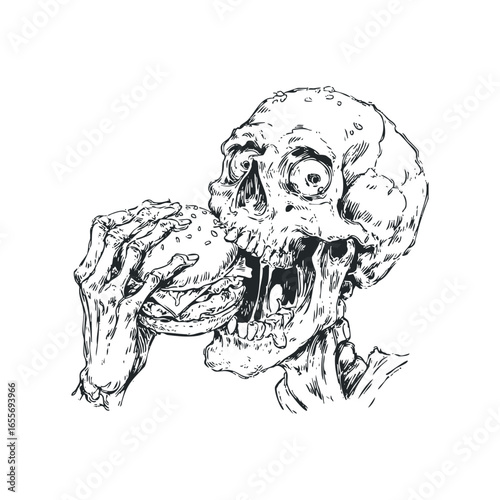 Spooky skeleton devouring a large sandwich in a hand-drawn sketch style
