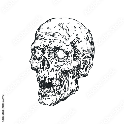 Detailed ink drawing of a decomposed human skull facing left with hollow eyes and bared teeth