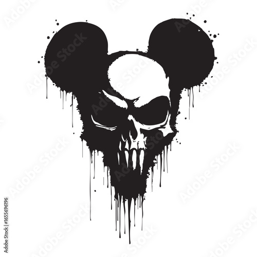 Vector art of a gruesome skull with mouse ears, , creates a dark and unsettling image that blends childhood innocence with macabre themes