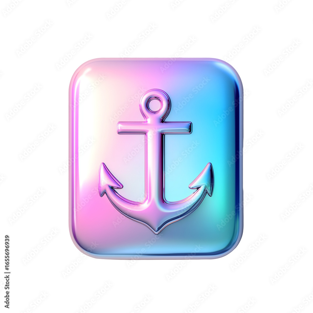 A shiny anchor icon with a modern, iridescent design, showcasing a blend of colors and a sleek, rounded square shape. A shiny anchor icon with a modern, iridescent design, showcasing a blend of colors and a sleek, rounded square shape.