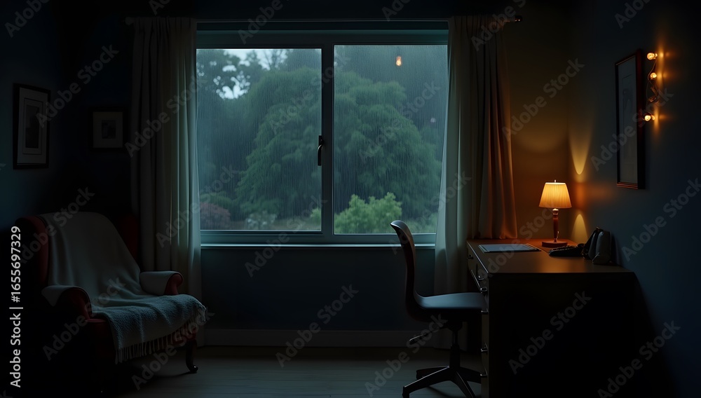 Fototapeta premium A peaceful interior scene with soft lighting, cozy furniture, and rain on the window. Rich in texture and mood, capturing a quiet, cinematic rainy-day moment. AI-Generated!