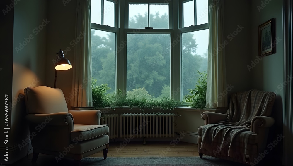 Fototapeta premium A peaceful interior scene with soft lighting, cozy furniture, and rain on the window. Rich in texture and mood, capturing a quiet, cinematic rainy-day moment. AI-Generated!