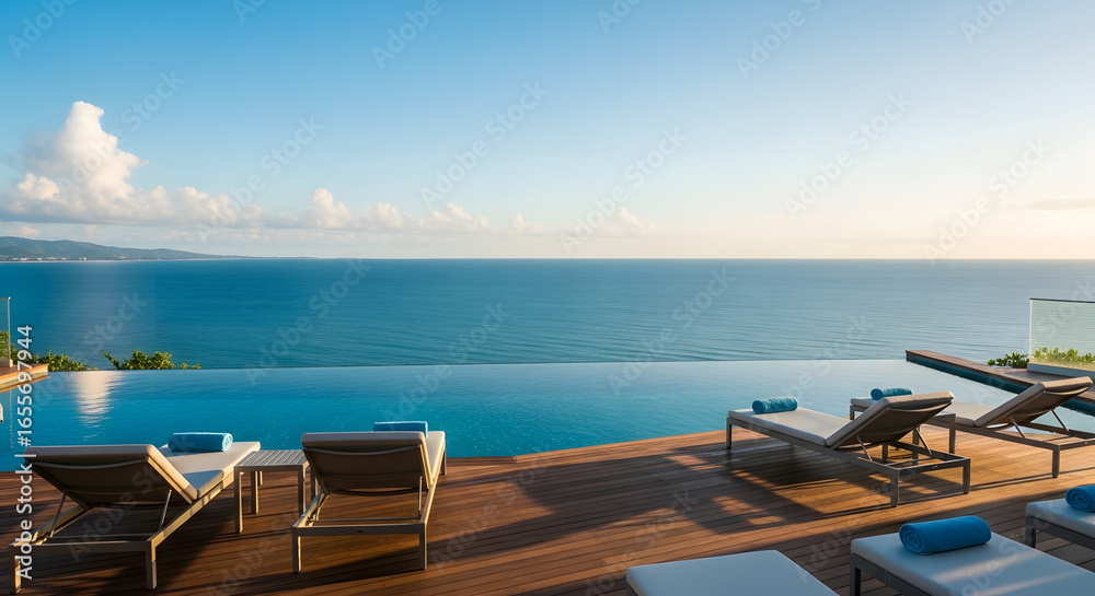Fototapeta premium Serene coastal retreat with an infinity pool overlooking the azure ocean and horizon, inviting relaxation and tranquility amidst the backdrop of clear blue skies and soft natural light, promoting an