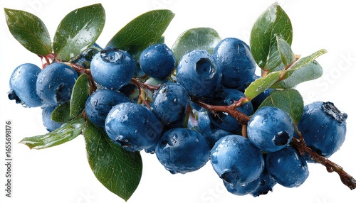 Fresh blueberries on a branch, wet with dew drops, vibrant blue berries and lush green leaves