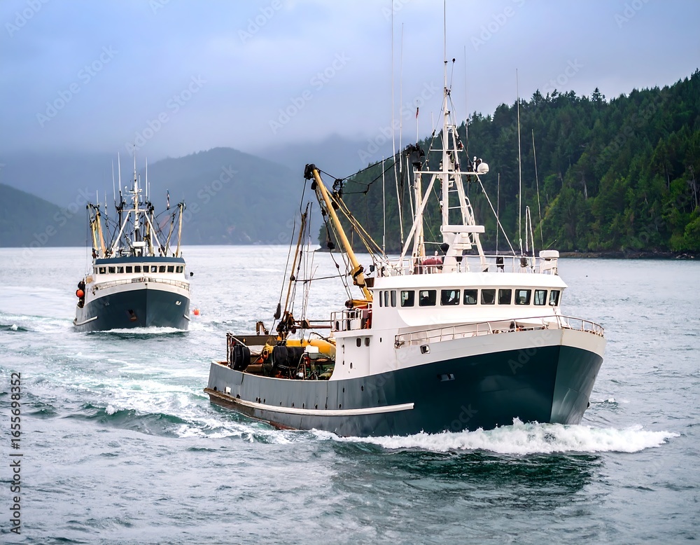 Naklejka premium Two fishing boats on a cloudy ocean