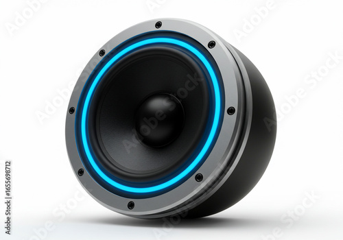 A close-up, isolated image of a modern, black and silver speaker with a blue light.