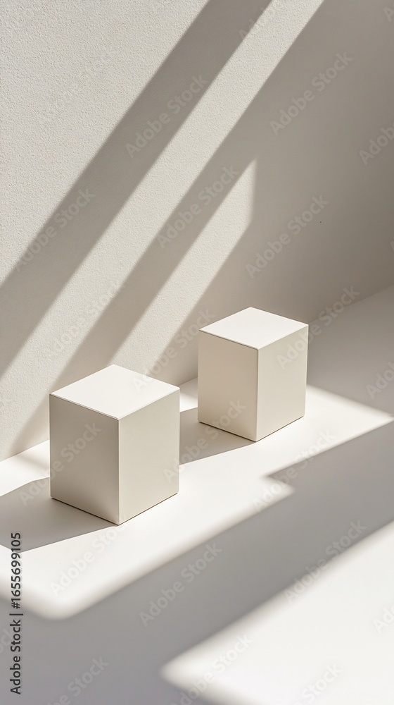 Fototapeta premium Two white cubes in a sunlit white space, casting sharp shadows creating a minimalist and geometric composition