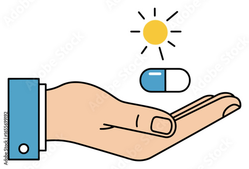 Hand holding a vitamin D capsule with a sun shining above it, promoting health.
