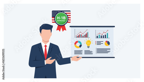 Businessman presenting a business report with charts and graphs. Concept of a skilled foreign worker with an H-1B visa for employment in the USA.