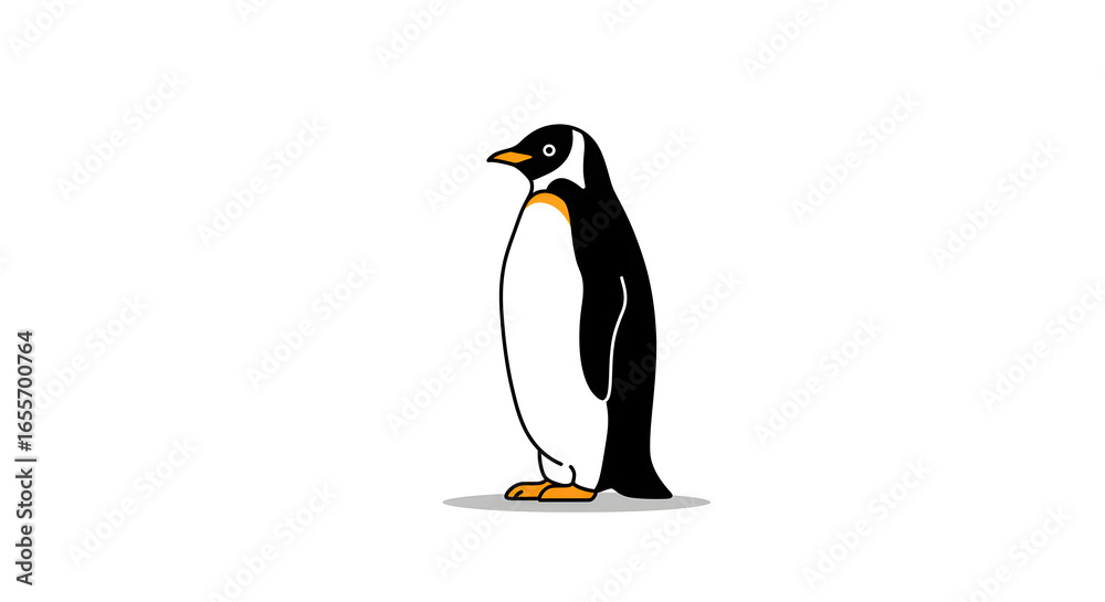 Obraz premium A charming cartoon illustration of a standing penguin, its black and white plumage stark against a clean white background, evoking a sense of simplicity and whimsy