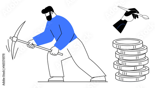 Person digging with pickaxe near stacked coins symbolizing cryptocurrency mining. Hand holding a stylus pen creating digital art. Ideal for blockchain, mining, finance, digital economy, technology