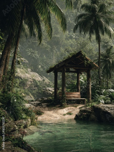 calm island jungle with sound of water nearby resting spot under canopy