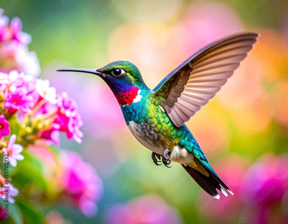 Fototapeta premium Vibrant hummingbird in flight amidst colorful flowers