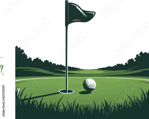 Golf course green with flag or flagstick and golf ball
