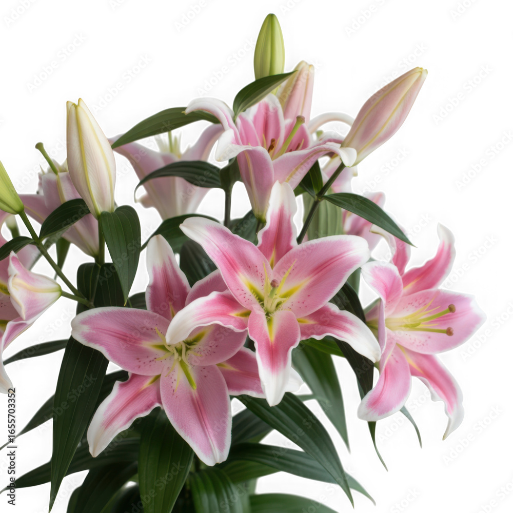 Obraz premium Delicate pink lilies bloom against a stark black background