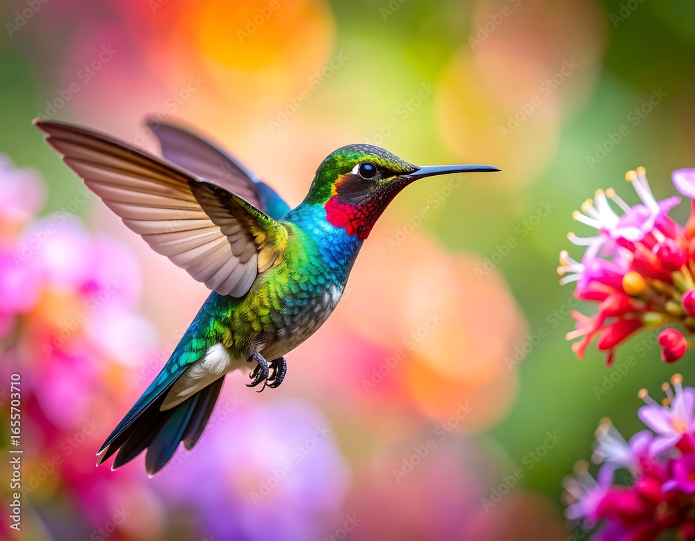 Fototapeta premium Vibrant hummingbird in flight among colorful flowers