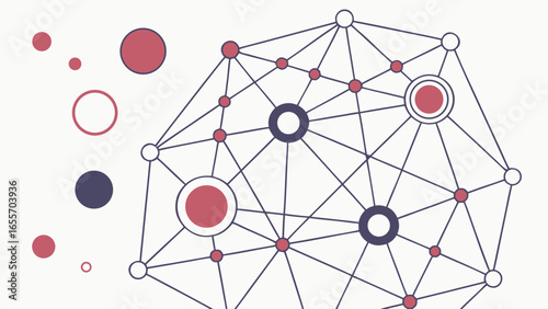 Abstract network diagram with interconnected nodes and circular elements in red and blue hues