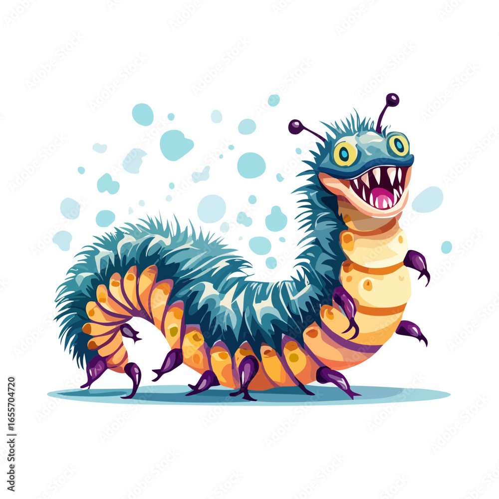 Fototapeta premium A whimsical digital art piece featuring a blue-bodied caterpillar with cheerful eyes and a tufted tail.