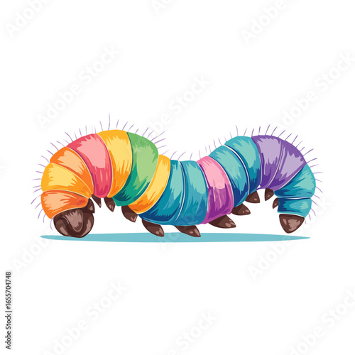 A cartoon style illustration of a happy, rainbow-colored caterpillar with a plump, segmented body.