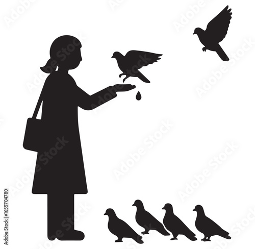 Silhouette of a woman feeding pigeons in a simple black and white vector illustration