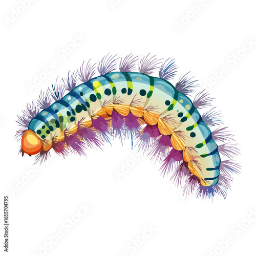 An image of a colorful, segmented caterpillar with a pattern of green, purple, and blue, viewed from the top.